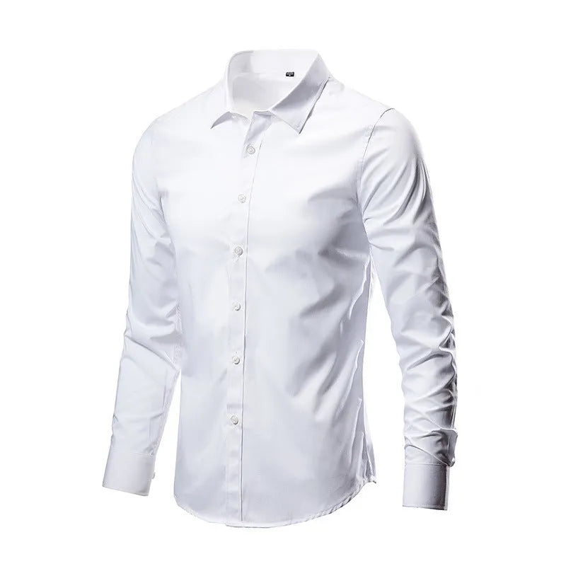Men's loose fit long-sleeve linen shirt shown in multiple colours including black, white, and navy blue.
