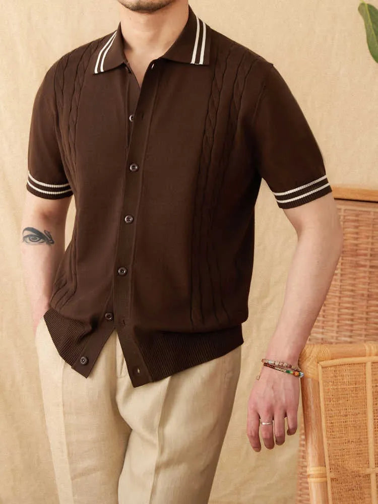 Men's apricot lapel polo shirt with short sleeves made from cotton polyester blend fabric.