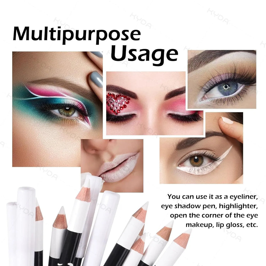 12 white and black retractable eyeliner pencils with a sharpener for waterproof makeup application.