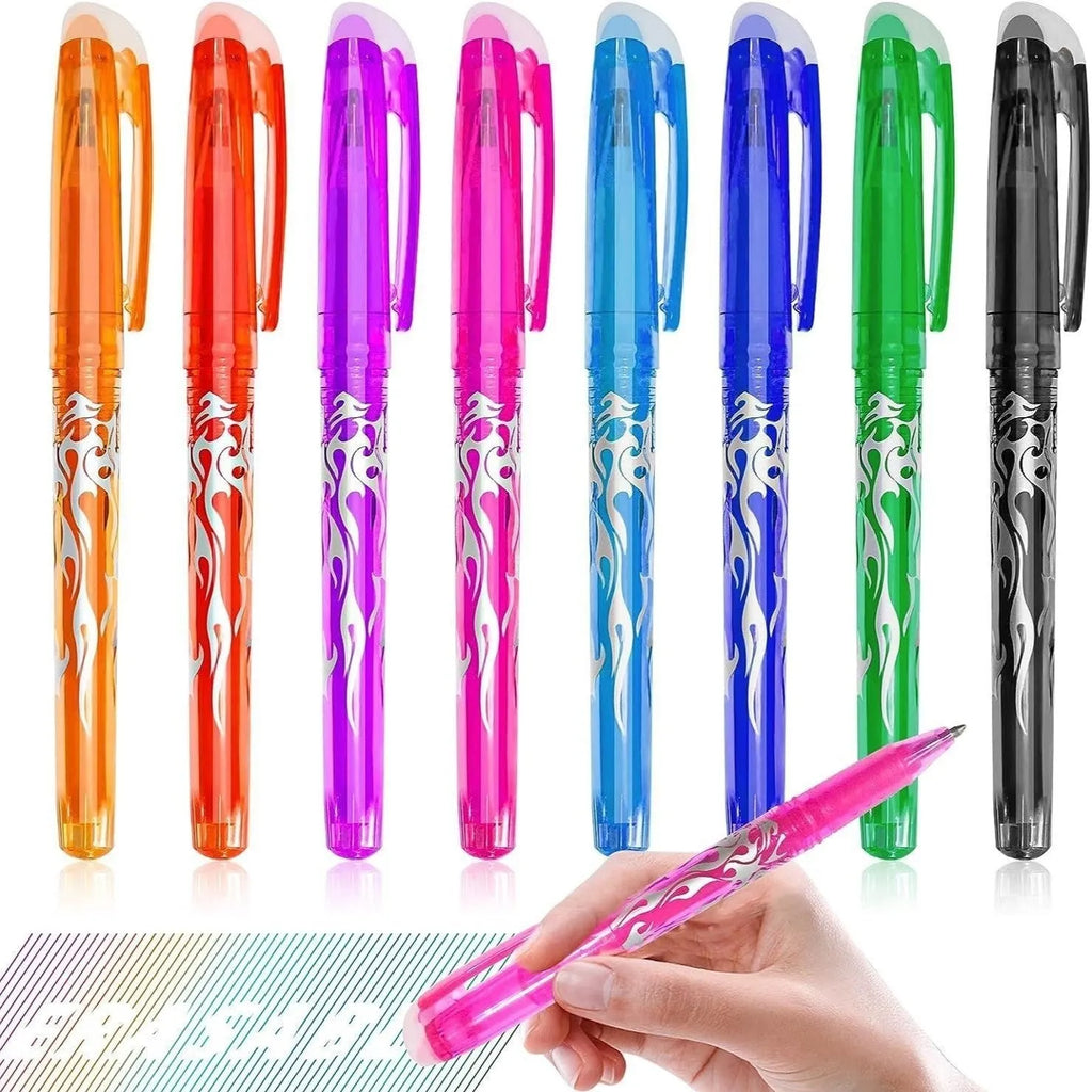A set of heat-erasable gel pens with plastic bodies and stainless steel nibs, showing 0.5mm and 0.7mm options.