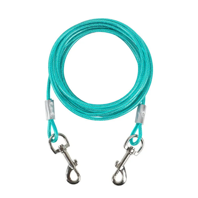 Double headed steel wire dog leash in blue with rope handle for walking two dogs