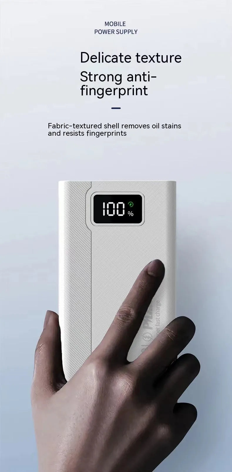 Large capacity power bank in black or white plastic case with fast charging function