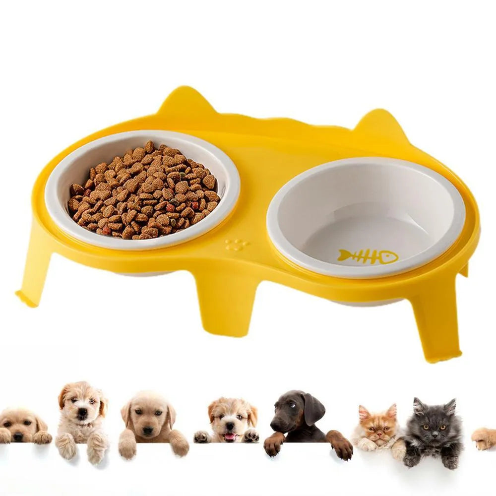 Ceramic cat food and water bowl set on elevated tilted stand with hook design in blue colour