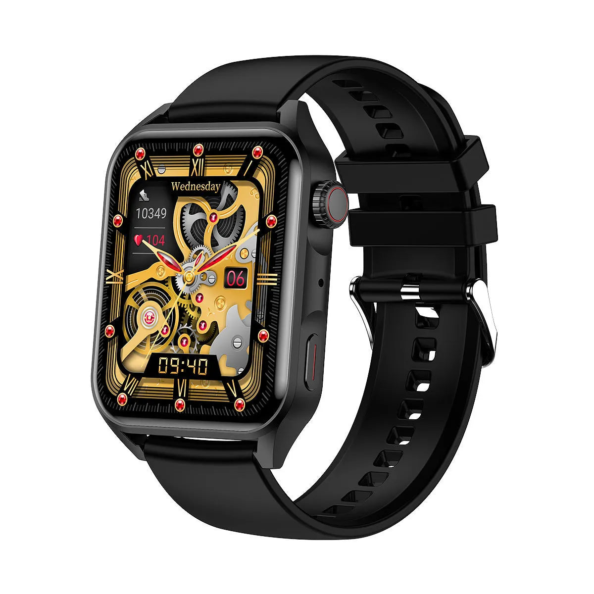 AMOLED NFC smart watch with 1.8 inch display in black colour showing multiple watch faces and magnetic charger