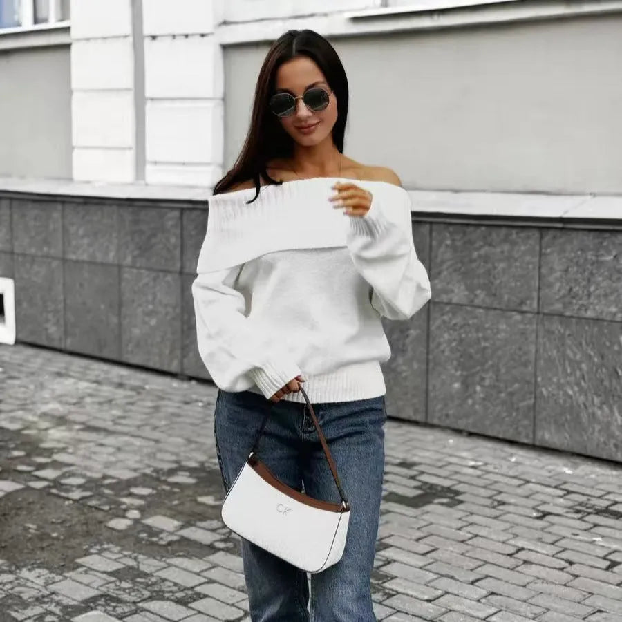 Gray off-the-shoulder strapless sweater with 3D pattern texture and regular sleeves