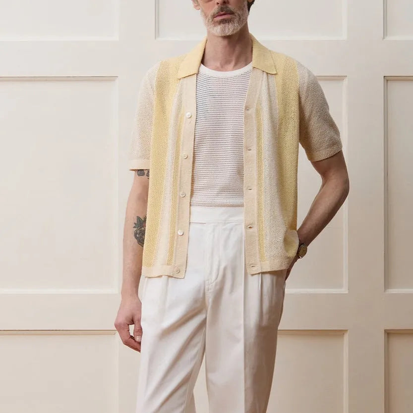 Yellow asymmetric design casual polo shirt made from Tencel fabric with short sleeves