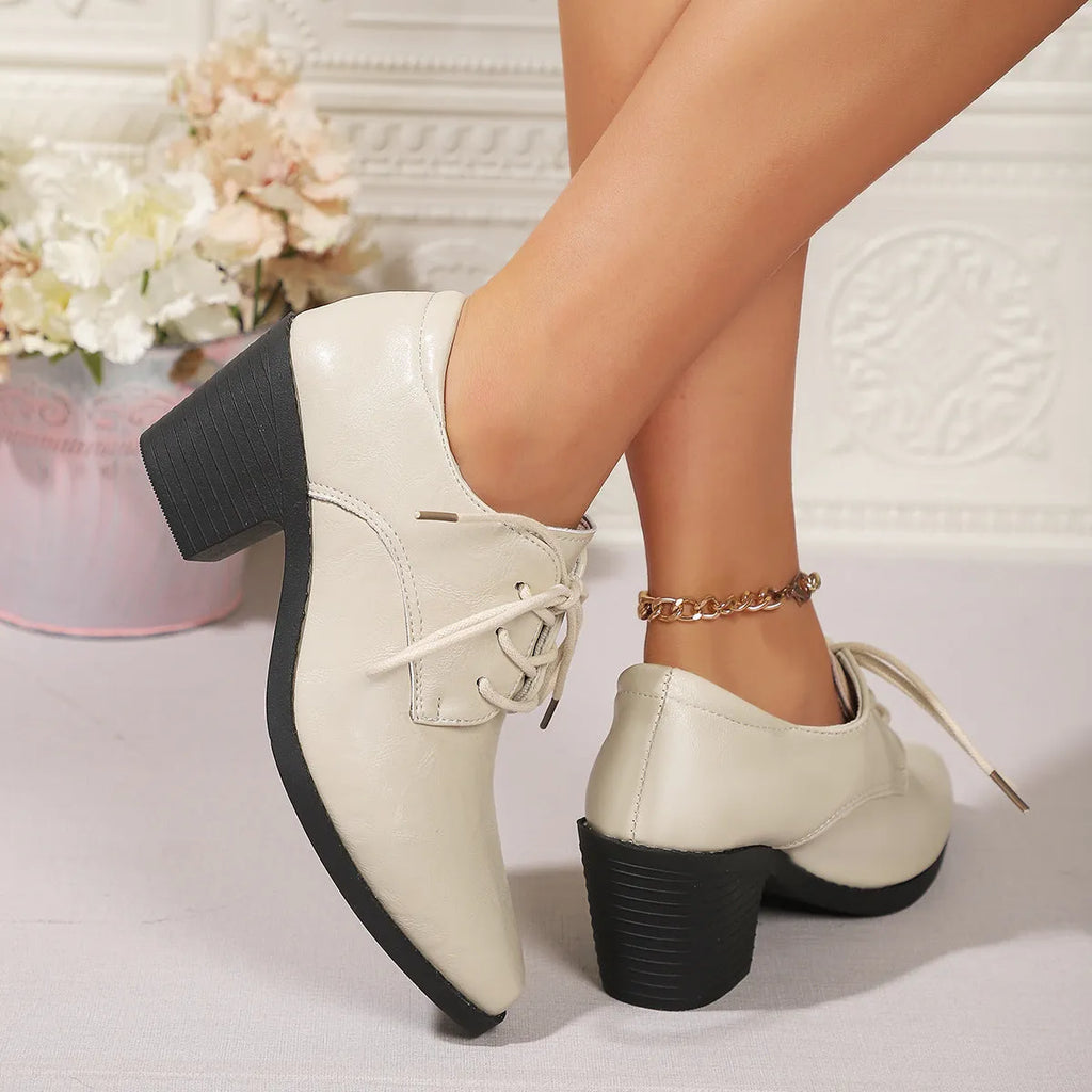 Pointed British style high heel chunky heel front lace-up low-top leather shoes in beige