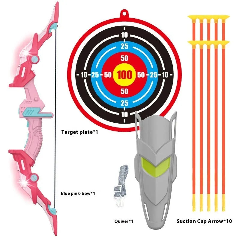 Children's bow and arrow set with green detachable bow, target tube, and light-up arrows on grass. Blue and pink colour options available.