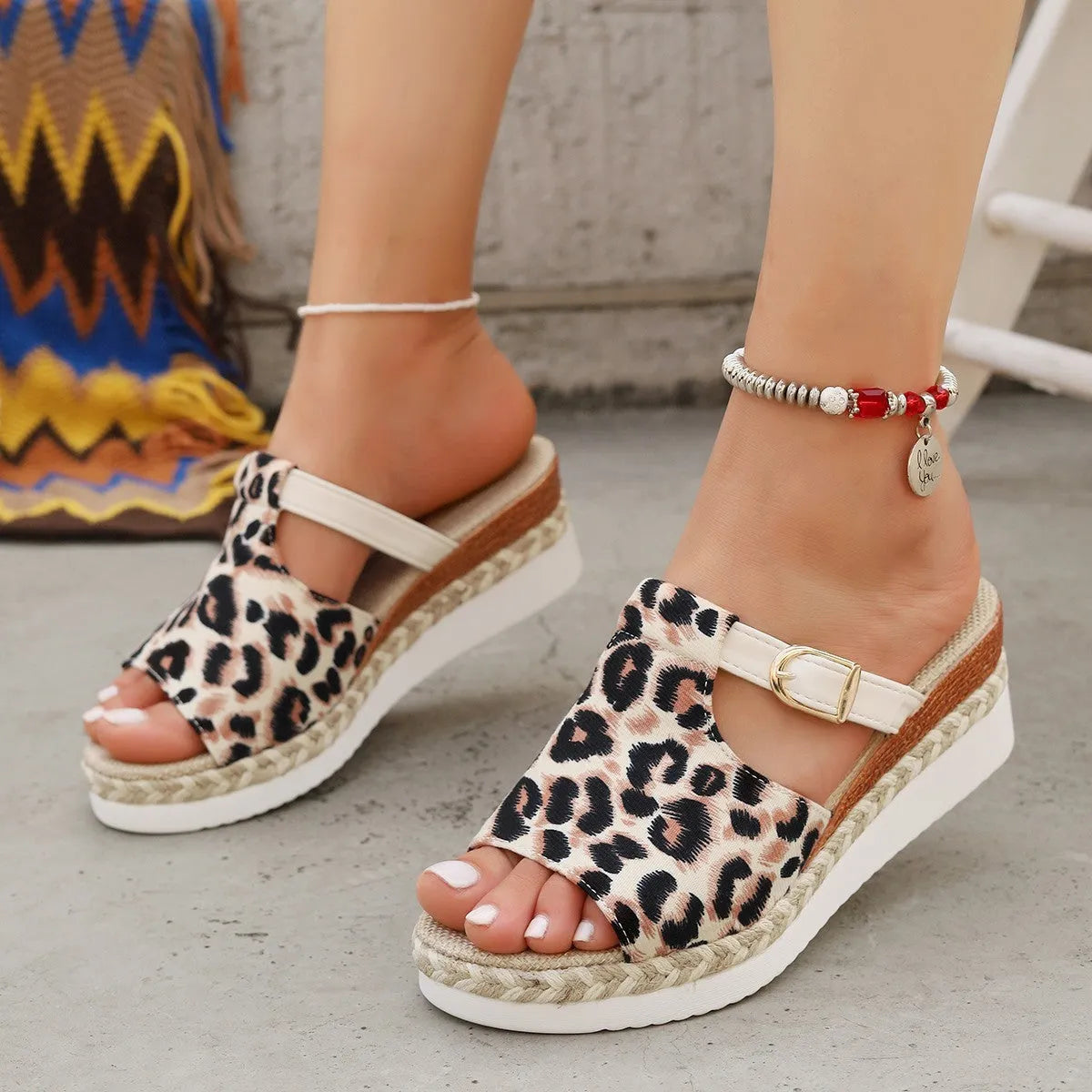 Leopard print wedge platform sandals with a fish mouth toe in light green.