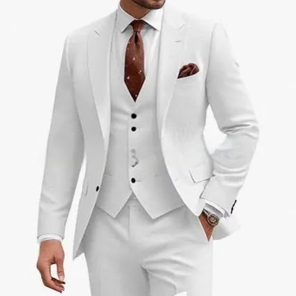 Men's slim fit three-piece suit in a choice of nine colours, shown on a hanger.