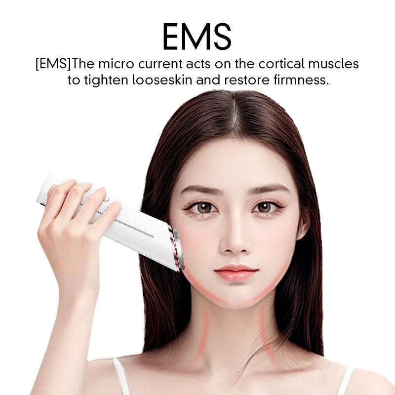 White plastic eye lifting and tightening beauty instrument massager with vibration and colour light, USB charging cable