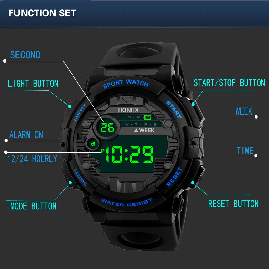Digital electronic watch for boys and girls with LED display, round resin case, PU strap, black colour option