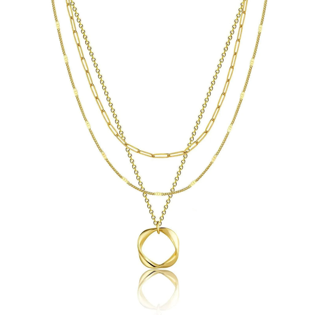 Copper electroplated layered clip necklace with circle pendant in gold finish