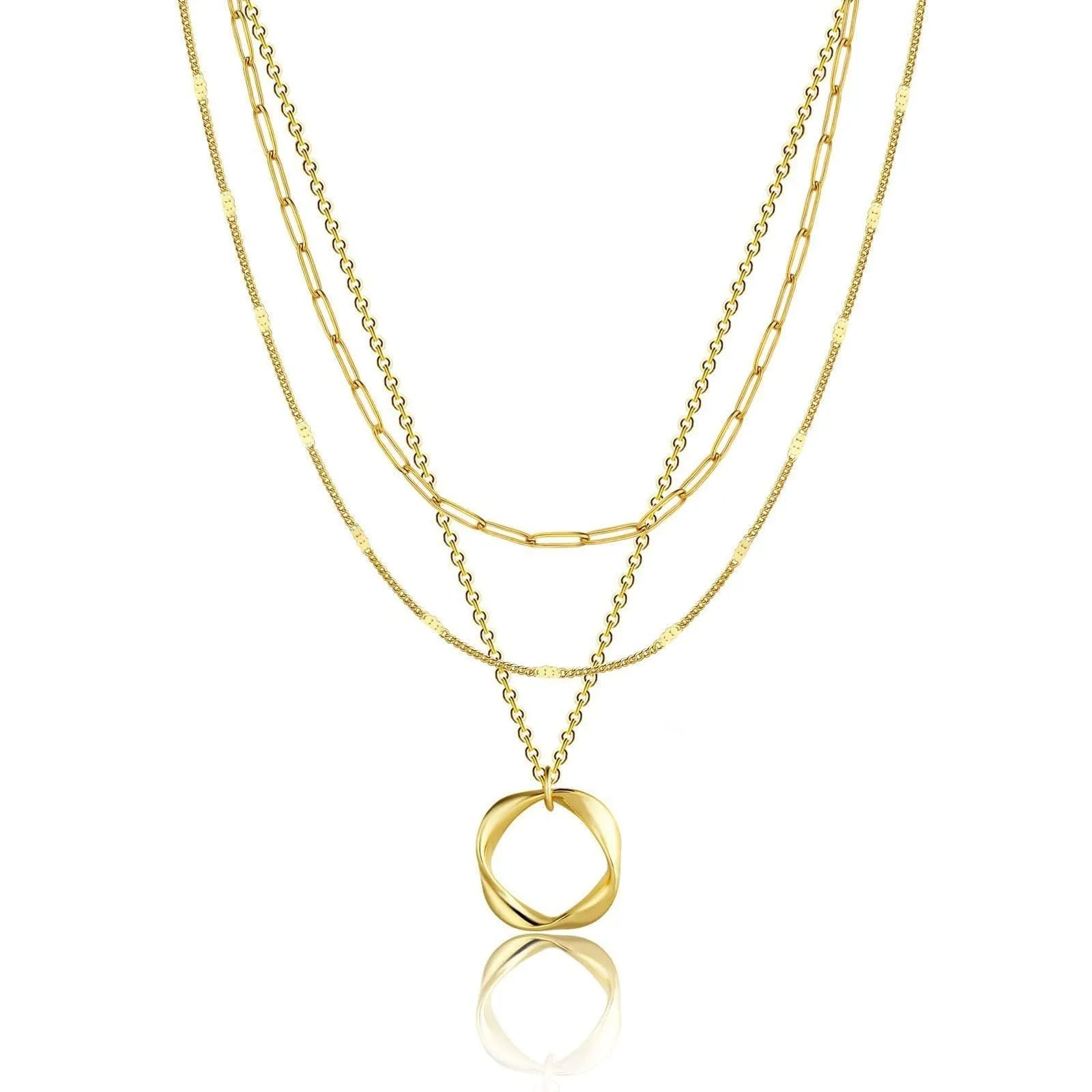 Copper electroplated layered clip necklace with circle pendant in gold finish