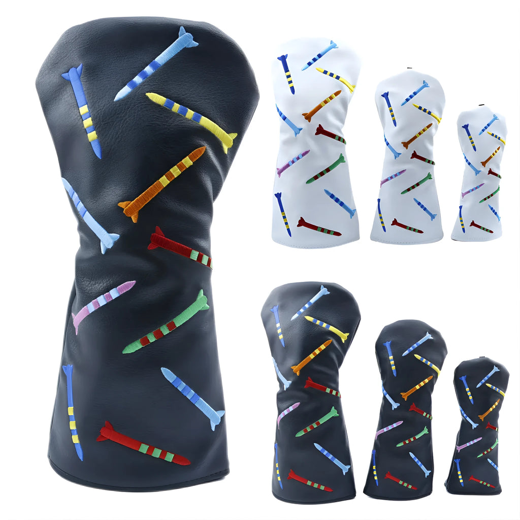 Black and white golf club wooden pole sets in three sizes: large, medium, and small.