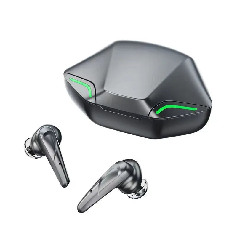 Black wireless Bluetooth gaming earbuds with a matching charging case and silicone ear tips.
