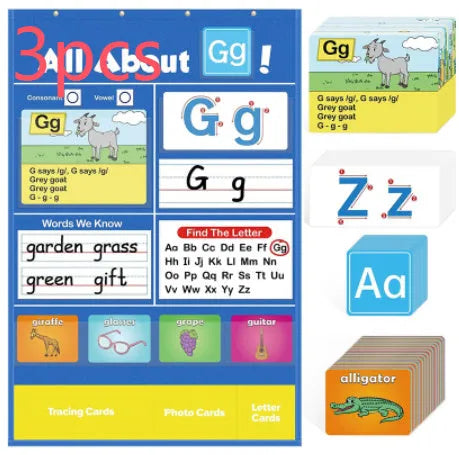 Creative Letters Learning Sleeve Table Chart measuring 60x40cm with word cards, letter cards, picture cards, and letter songs