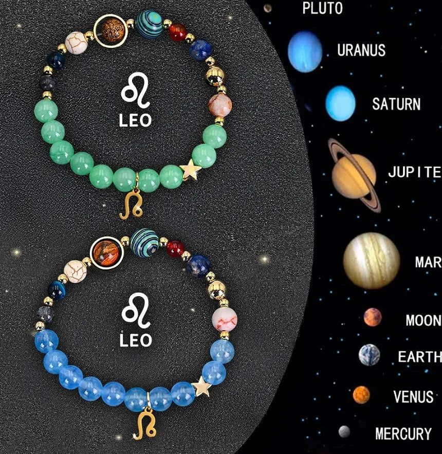 Natural stone beaded zodiac bracelets on elastic cord showing astrological symbols for twelve star signs