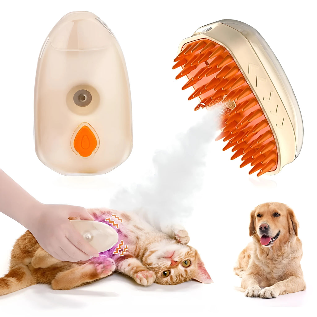 Yellow USB rechargeable cat grooming brush with steam spray, massage, and ringworm detection lamp.