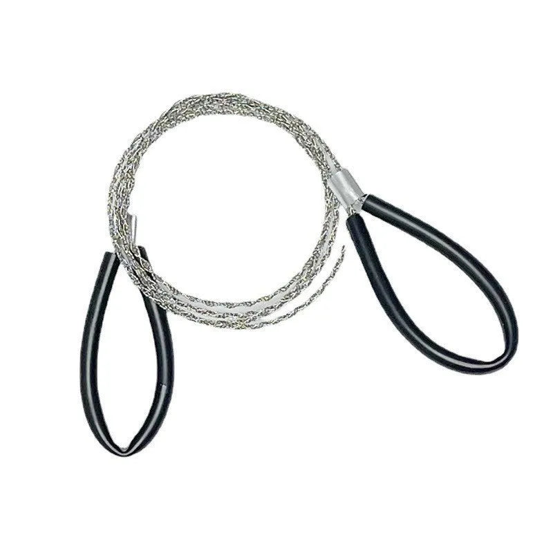 Black survival hand saw with stainless steel wire and plastic handles for outdoor emergency cutting