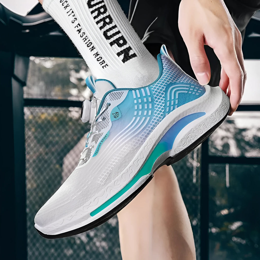 Men's low-top mesh sneakers with rotating buckle closure in black and blue colourway