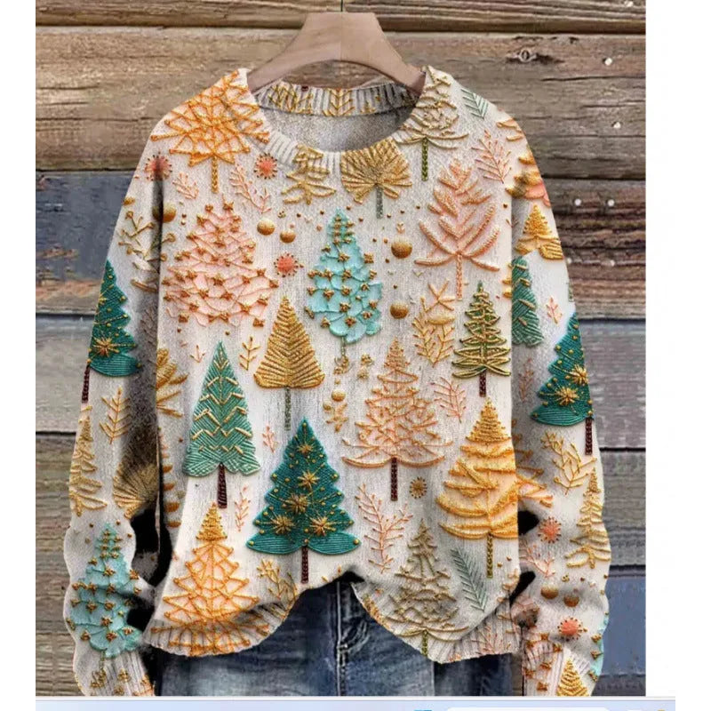 Women's round neck sweater with a small digital floral print in a solid colour.