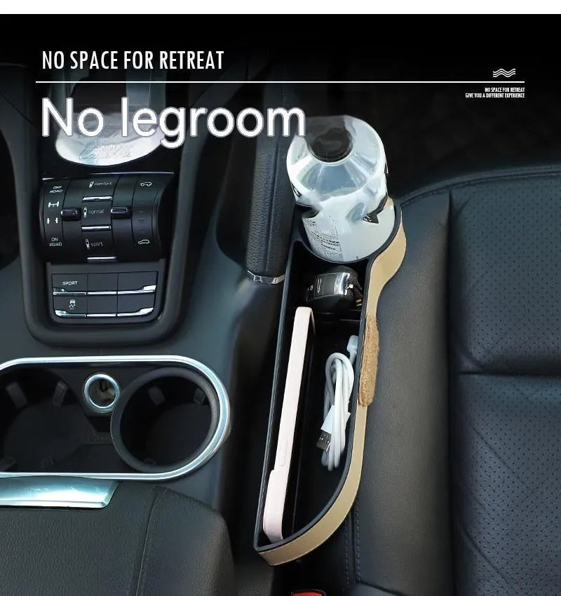 Leather car seat gap storage box with cartoon bear design hanging between vehicle front seats