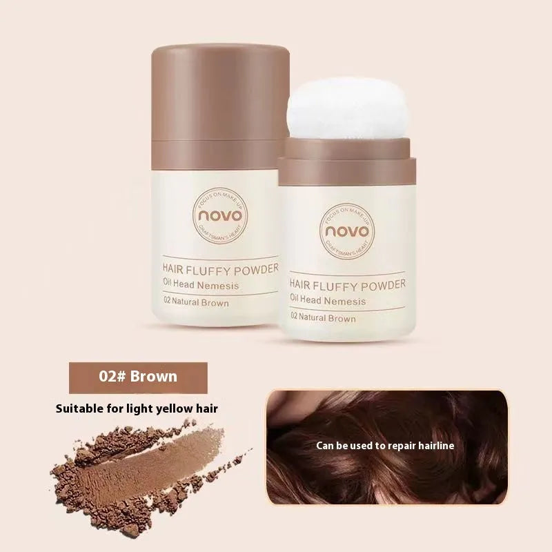 Oil control powder container showing transparent, brown, and dark brown powder variants for hair and facial application