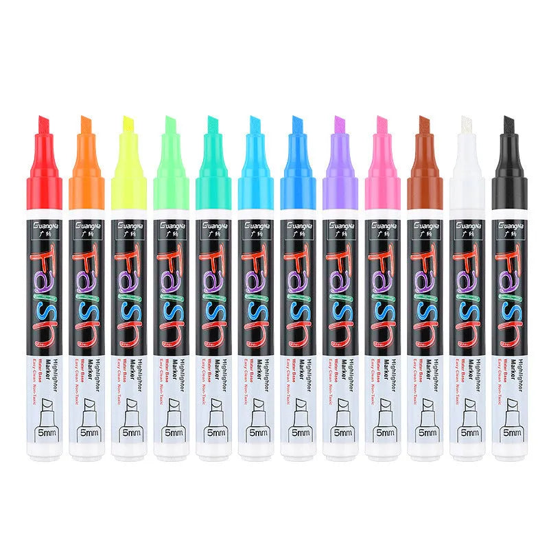 Electronic fluorescent plate highlighter pen with 6mm oblique tip shown in 8-colour set for writing on presentation boards