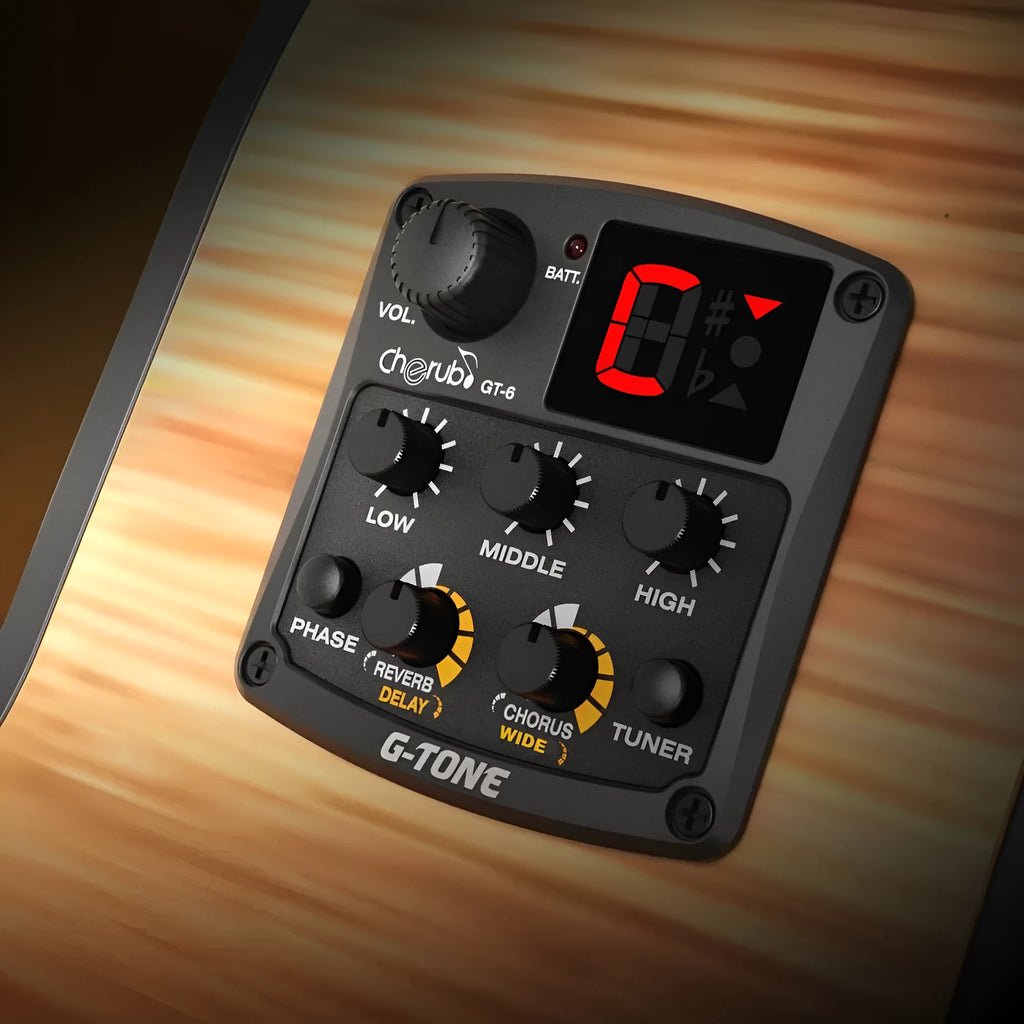 Cherub GT-6 black acoustic guitar equaliser and pickup unit with control knobs and LED