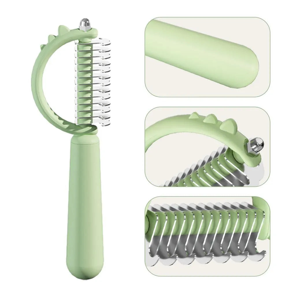 Blue dinosaur-shaped cat brush with self-cleaning button and double-sided bristles