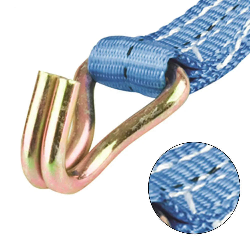 Steel ratchet tensioner with double hooks on a 25mm wide polyester binding strap