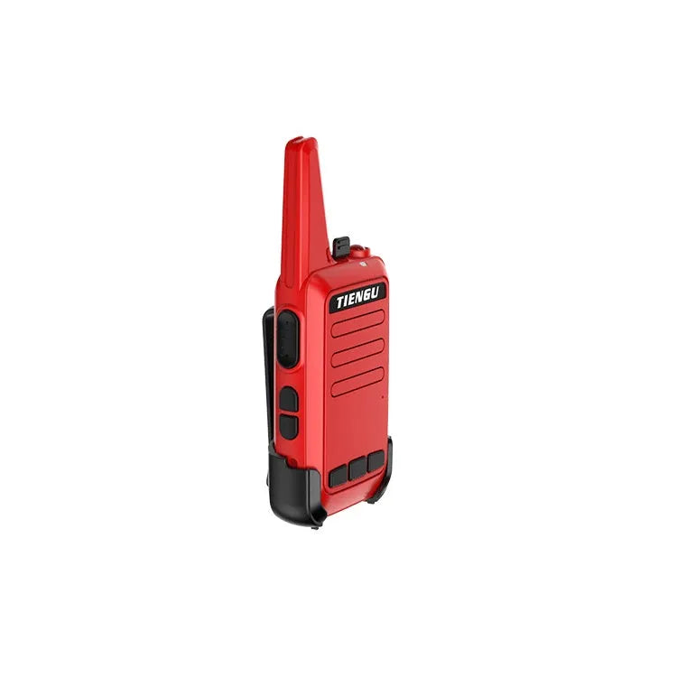TIENGU wireless handheld radio intercom in black with LED flashlight, USB port, and back clip
