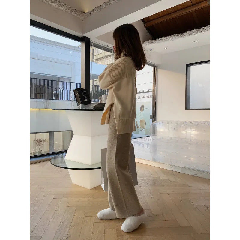 Women's high-waisted wide-leg knitting trousers in thick acrylic fabric for autumn winter casual wear