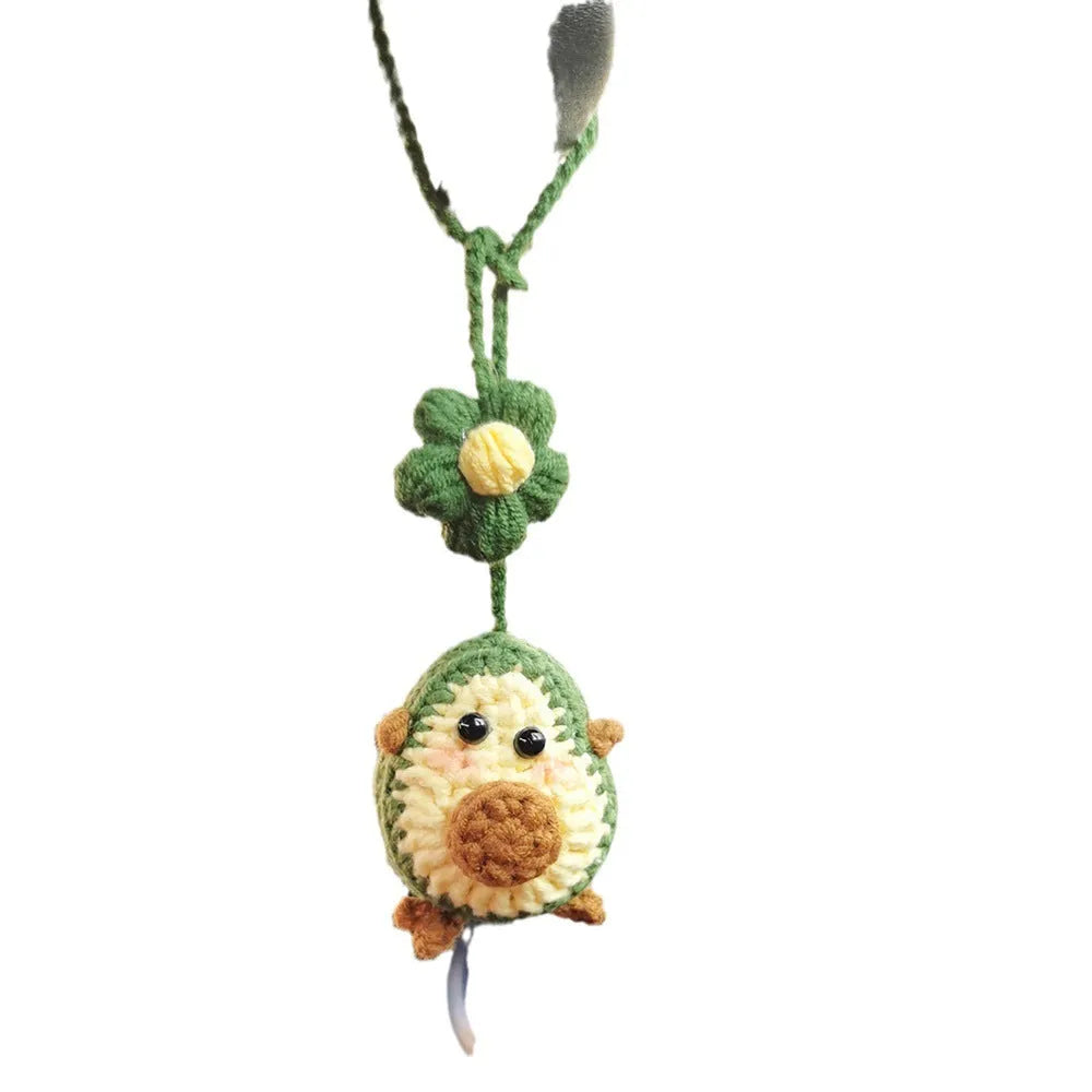 Handmade crocheted avocado with rainbow flower car pendant hanger in wool yarn