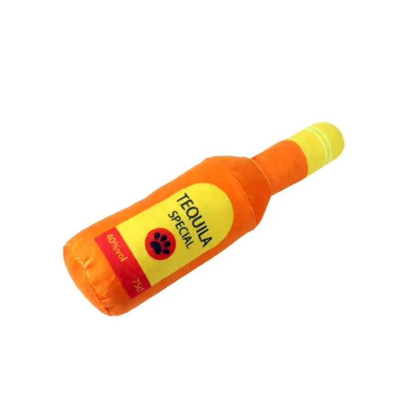 Soft plush wine bottle pet toy for dogs and cats in multiple colour variations