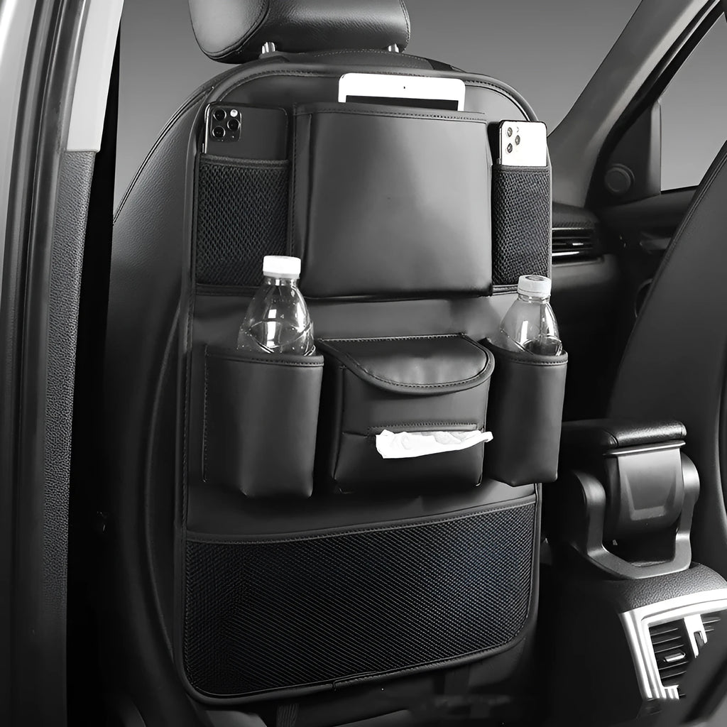 Genuine leather car seat back storage bag in suspended design showing colour options
