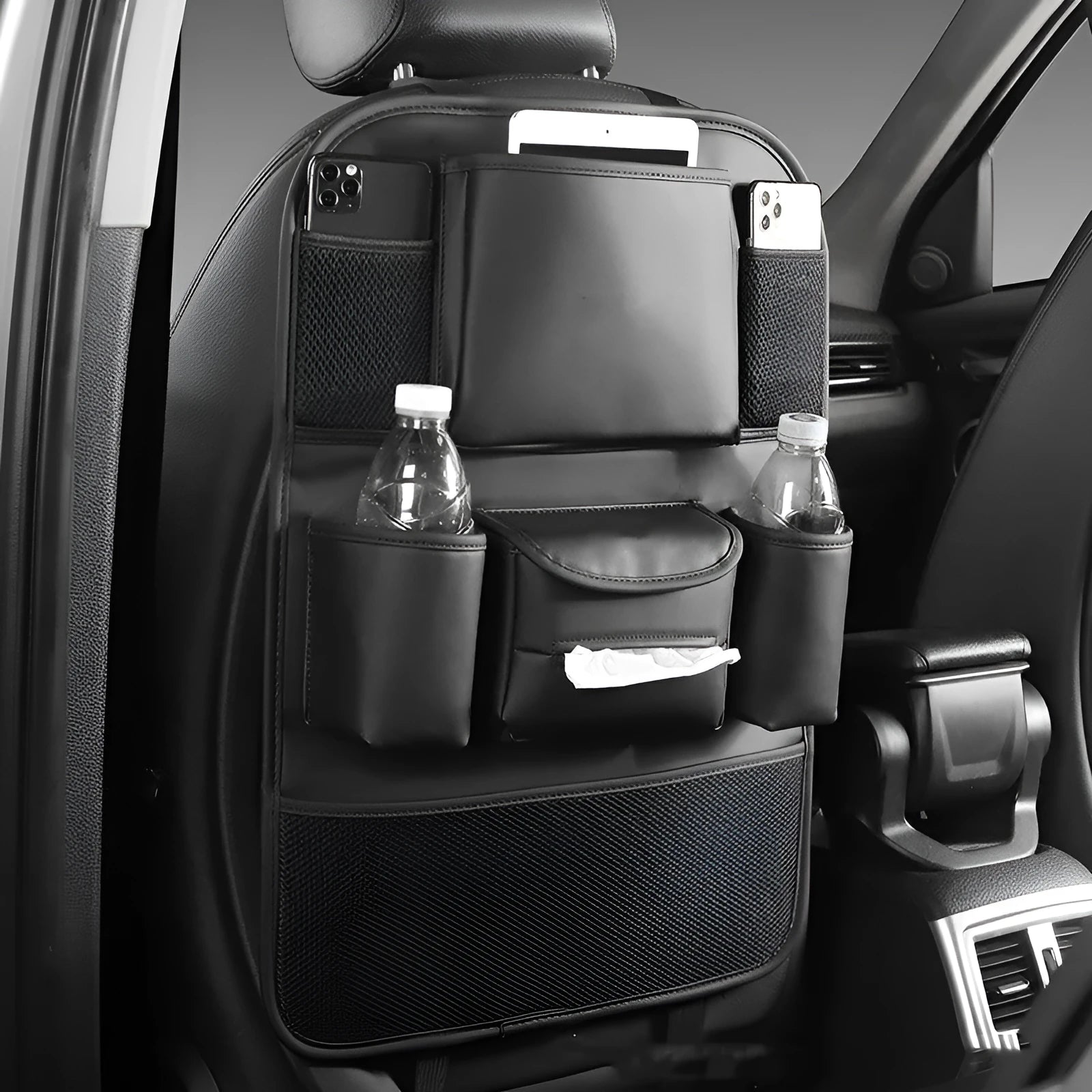 Genuine leather car seat back storage bag in suspended design showing colour options