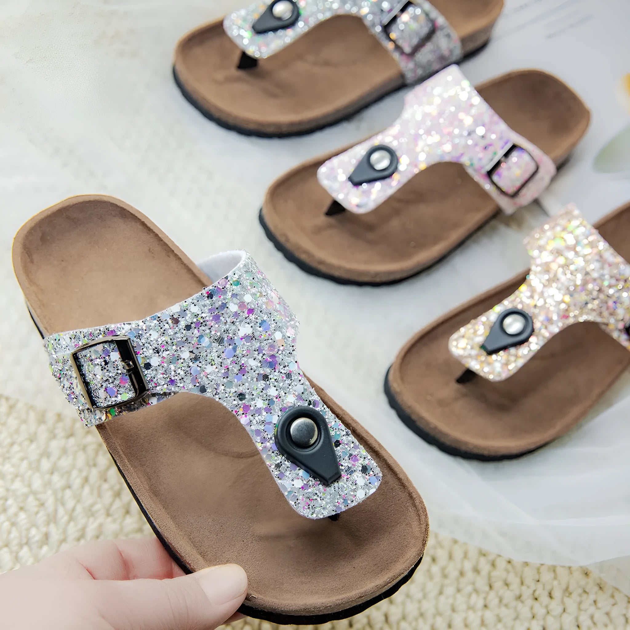 Cork flip-flops in gold with frosted finish and non-slip sole