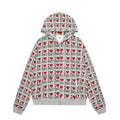 Women's melange grey cotton hooded cardigan sweater with long sleeves and a fashion pattern.
