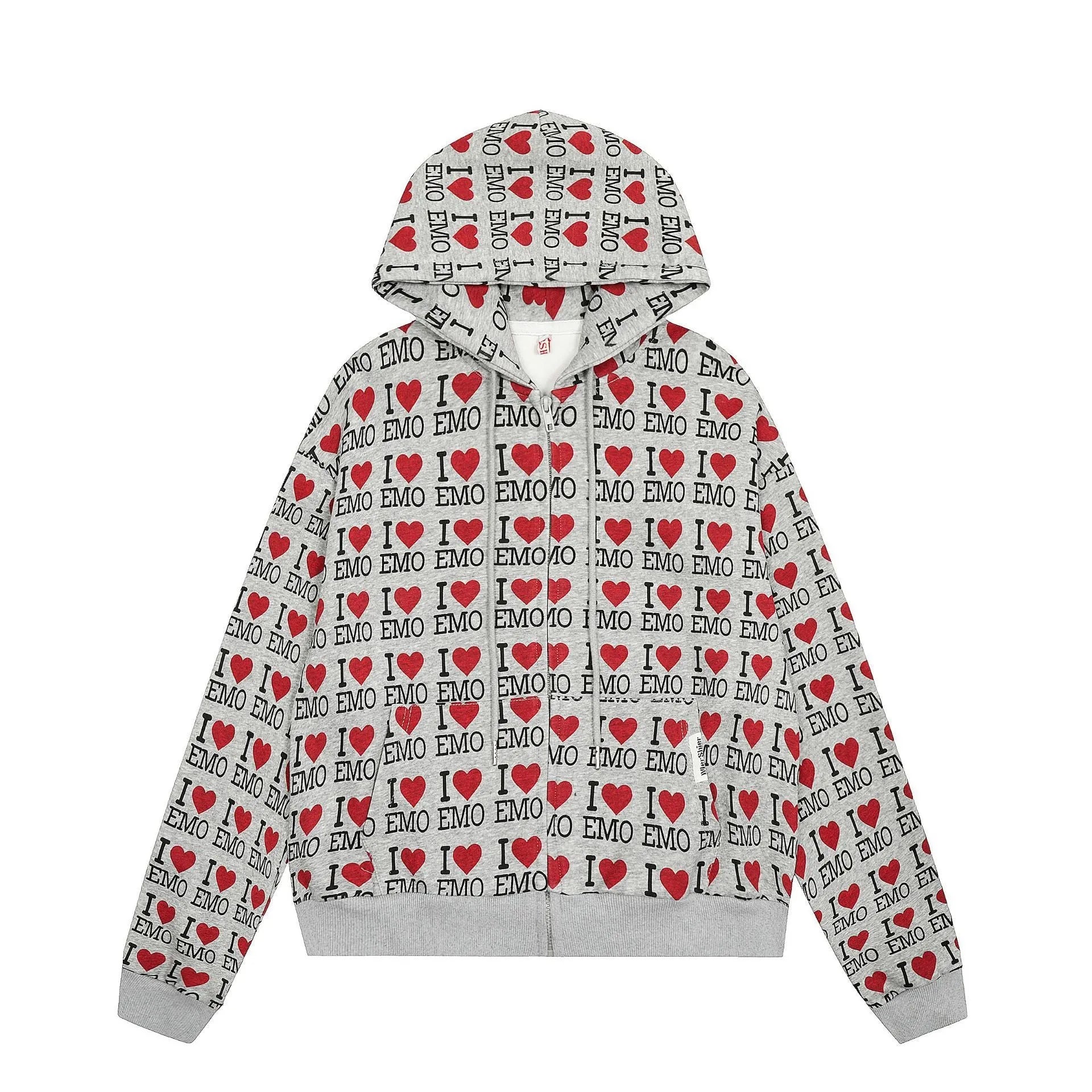 Women's melange grey cotton hooded cardigan sweater with long sleeves and a fashion pattern.