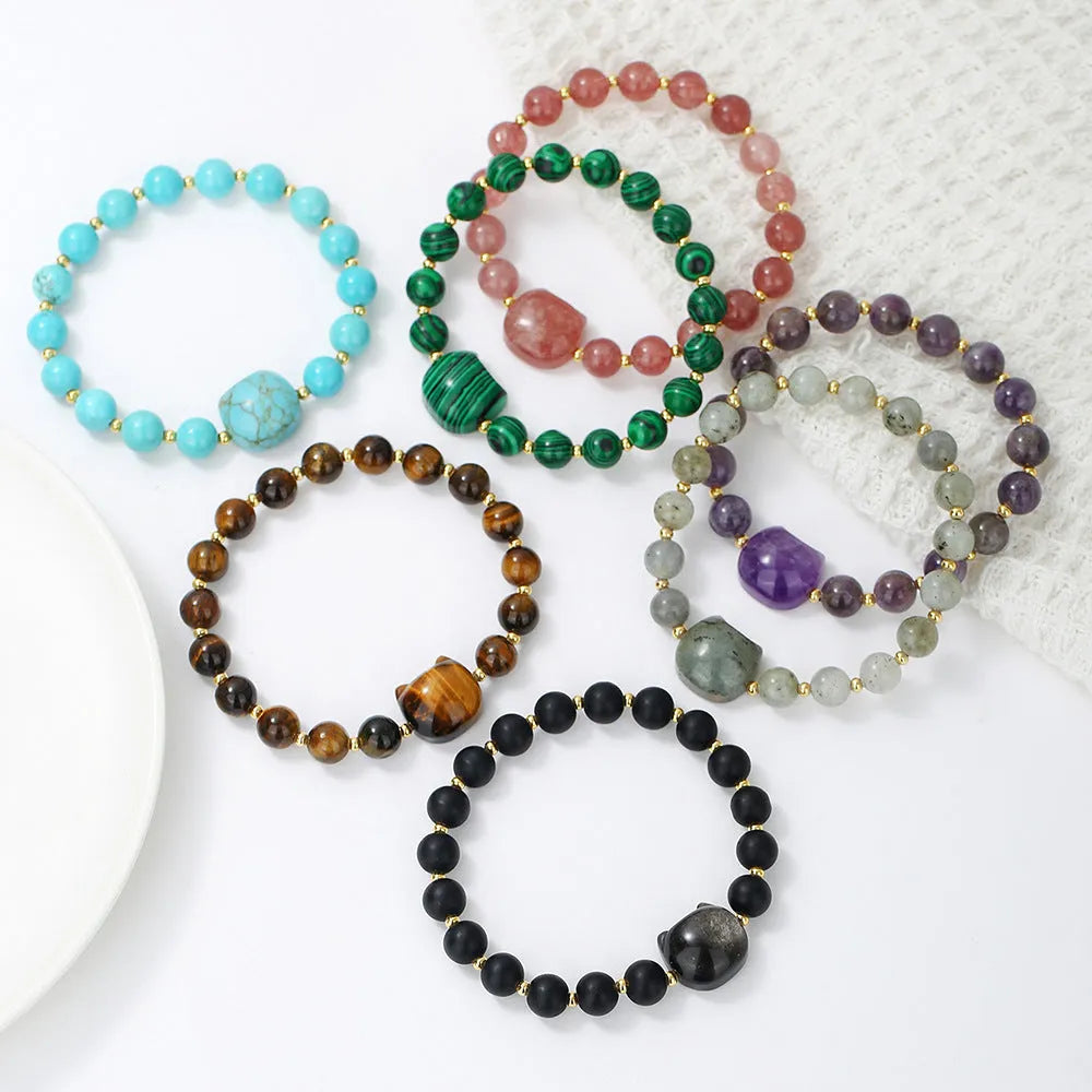 Natural stone cat head charm bracelet in Gray Moonlight colour – hand-strung stone beads on cord