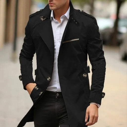 Men's mid-length lapel casual jacket in army green colour with side seam pockets.