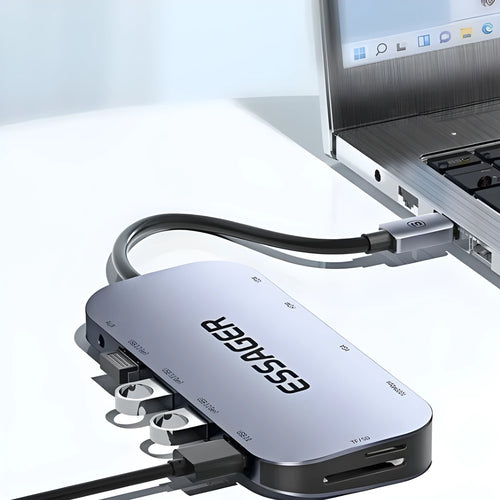 11-in-1 Type-C expansion hub with Gigabit Ethernet port and 20cm cable for laptop connectivity