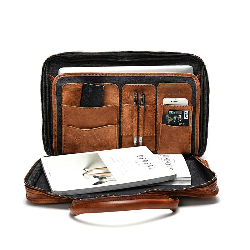 Men's vintage leather briefcase in horizontal square design with multiple internal compartments