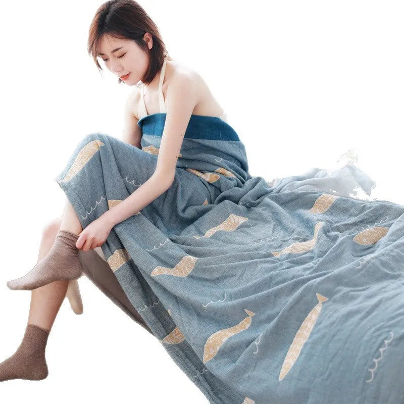 Thickened five-layer gauze bed sheet blanket in Roulette Wheel Blue pattern, pure cotton construction