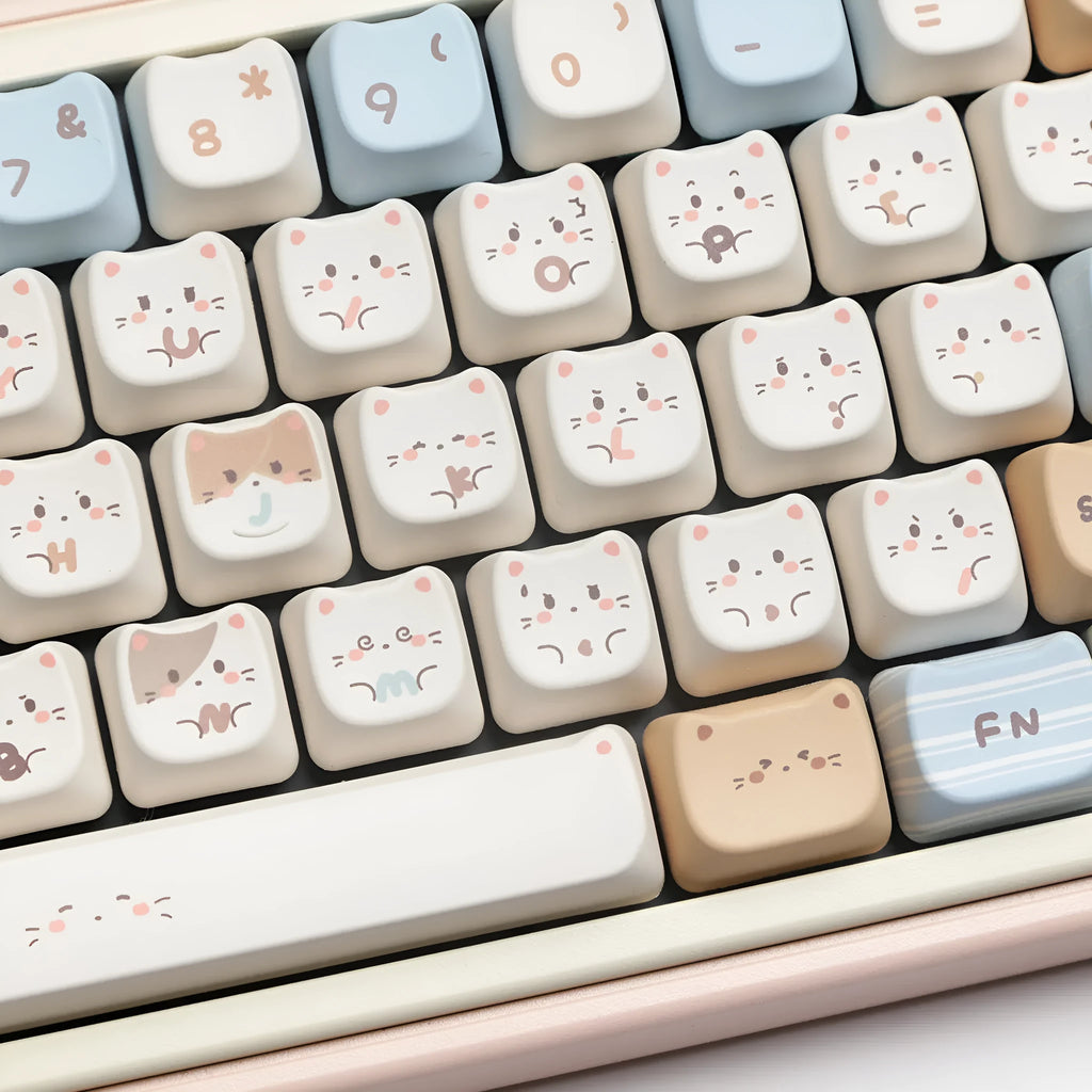 Sea Salt Cat themed PBT key cap set with March layout and 7u spacebar supplement for mechanical keyboards