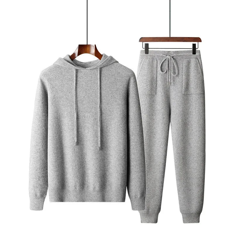 Men's light grey cashmere hoodie and trousers leisure set with hooded sweatshirt