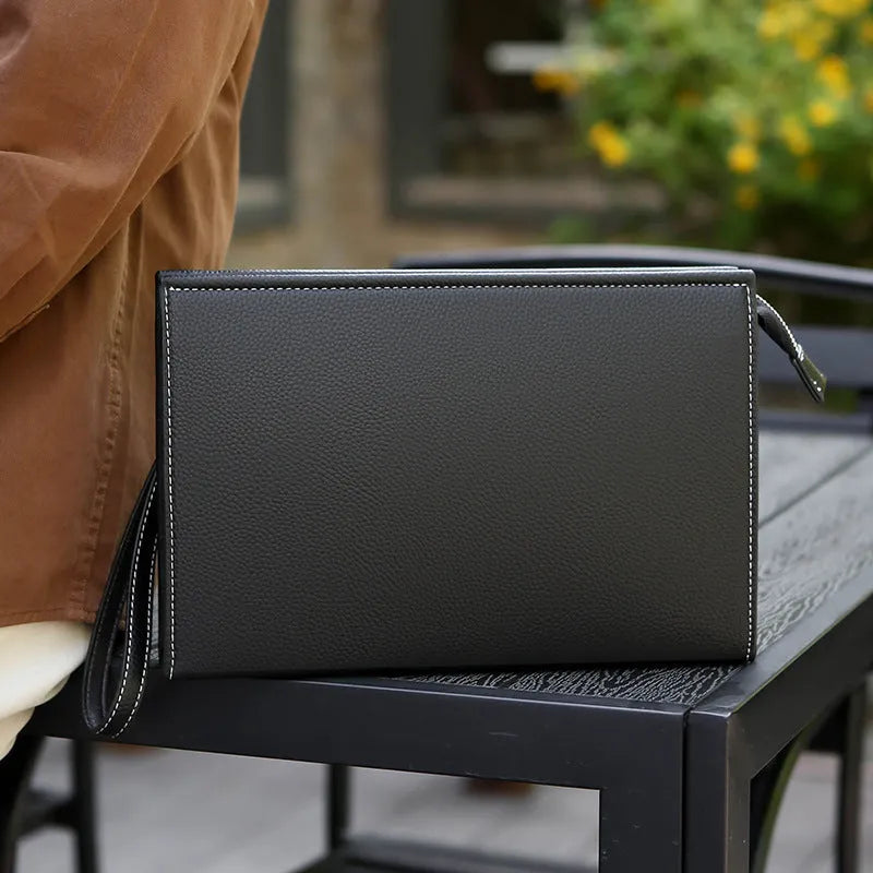 New Clutch Men's Briefcase Soft Leather PU Black with sewing thread detail