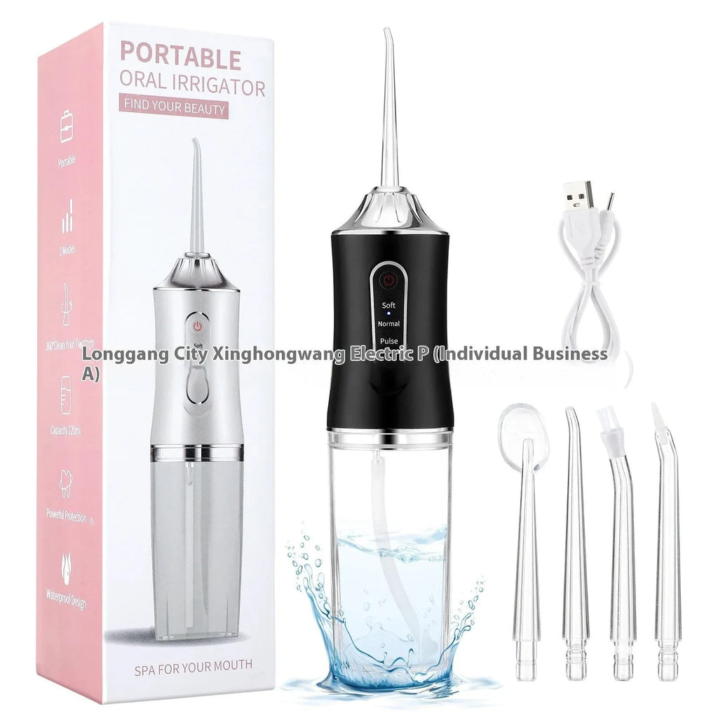 Pink electric water flosser with 300ml tank, multiple nozzles, and IPX7 waterproof design